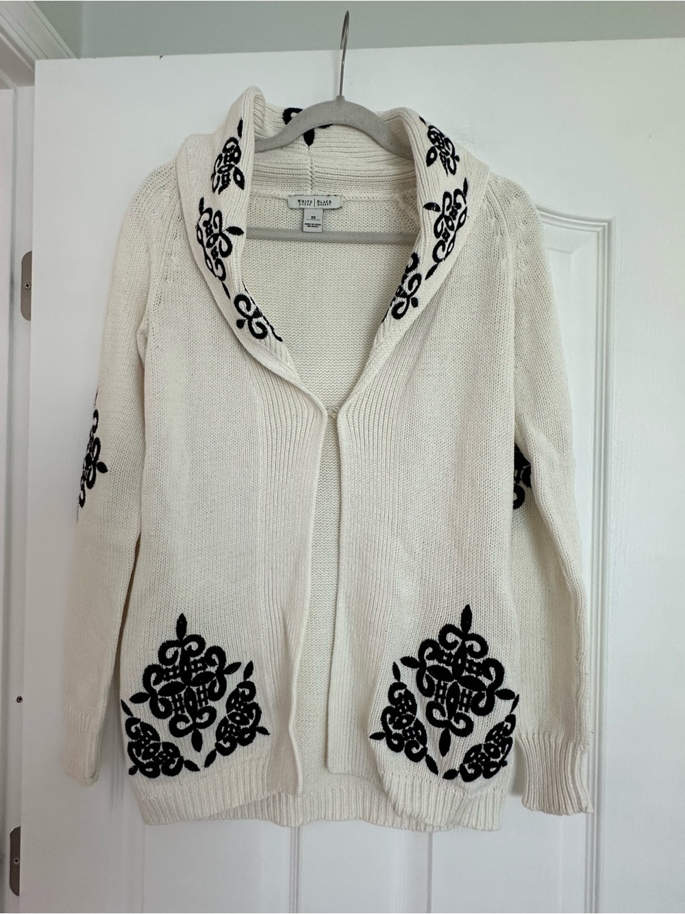 White House Black Market Cream Cardigan with Black Embroidery